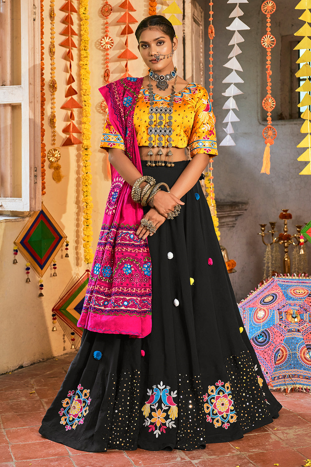 Buy MySilkLove Tuana Black and Yellow Lehenga Choli Online