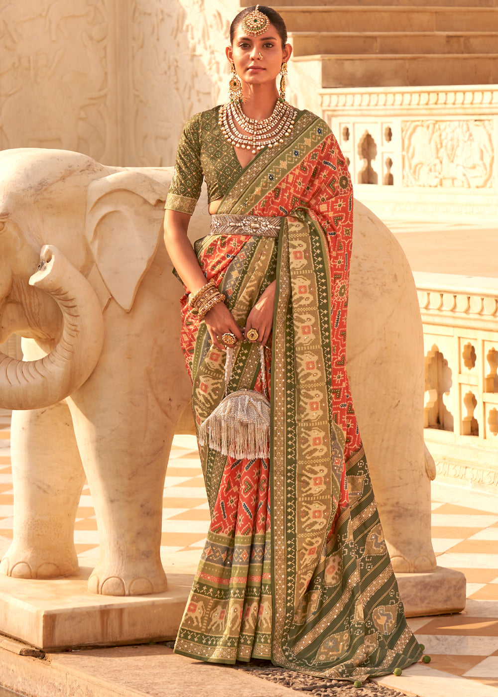 Buy MySilkLove Sandy Orange and Green Handloom Woven Patola Silk Saree Online
