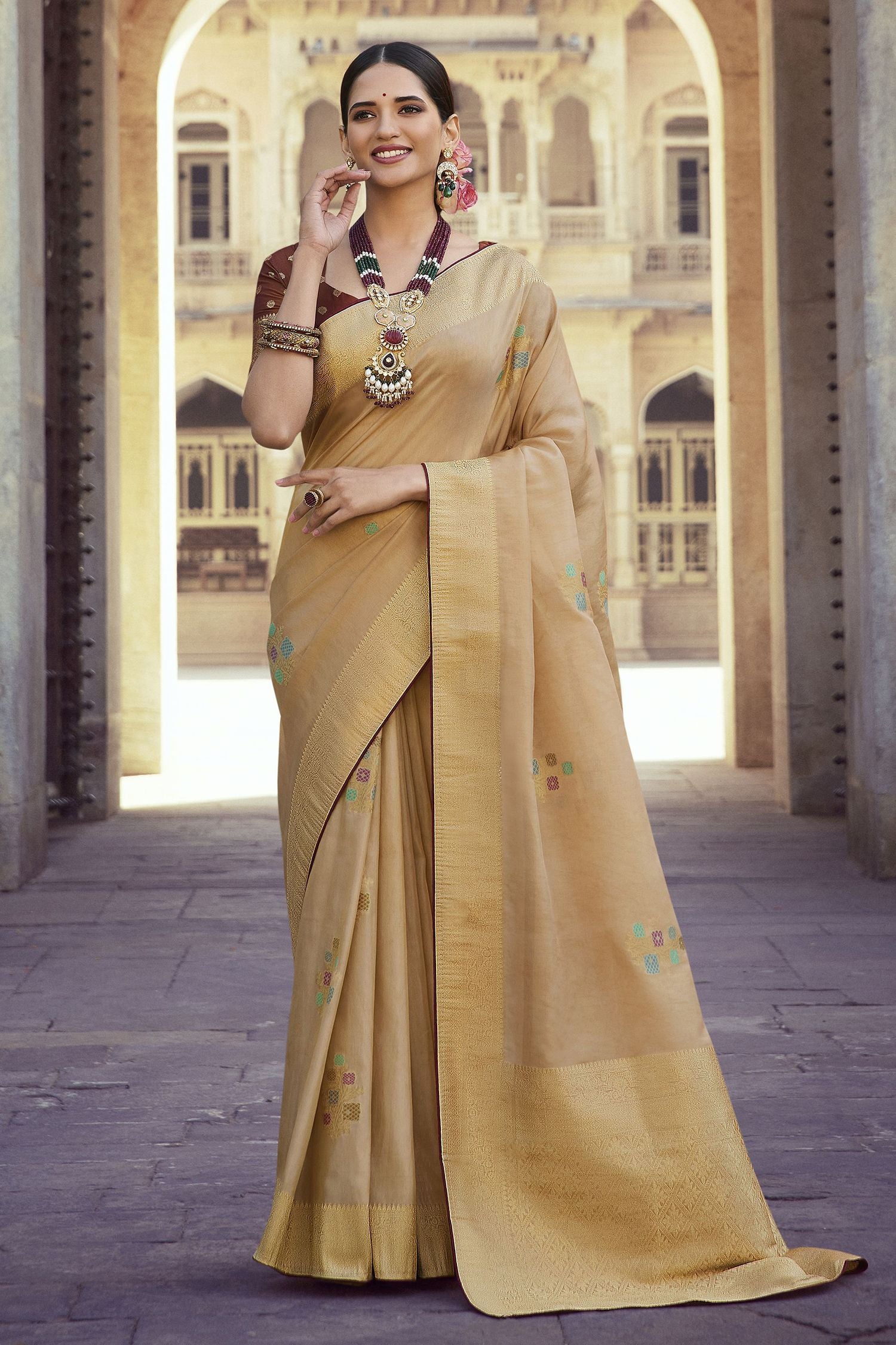 Buy MySilkLove Calico Cream Woven Designer Banarasi Silk Saree Online