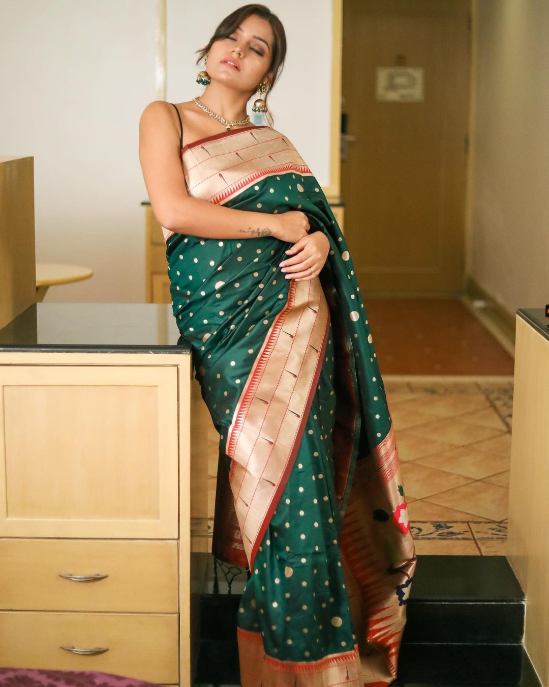 Buy MySilkLove Spring Leaves Green Polka Paithani Woven Silk Saree Online