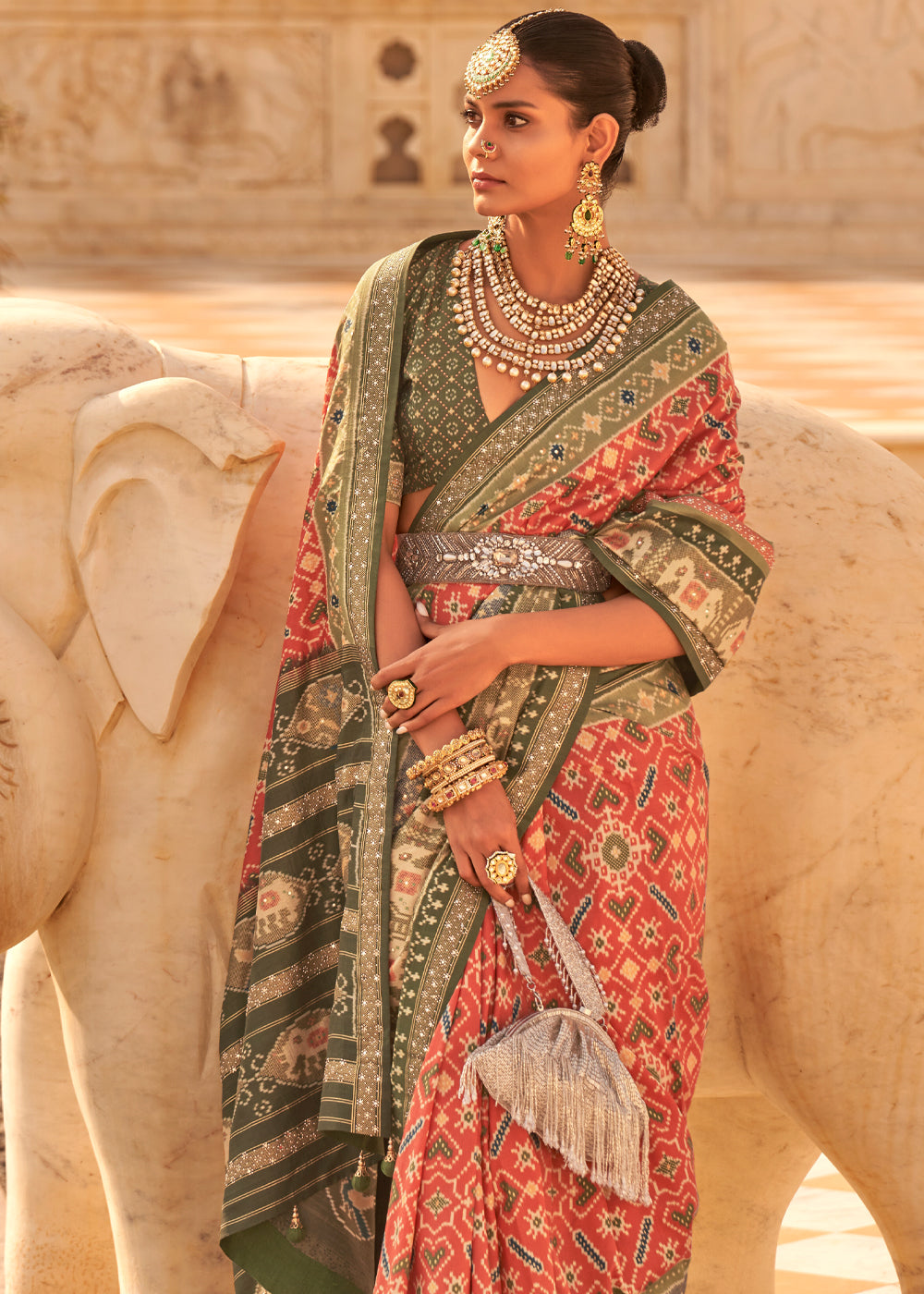Buy MySilkLove Sandy Orange and Green Handloom Woven Patola Silk Saree Online