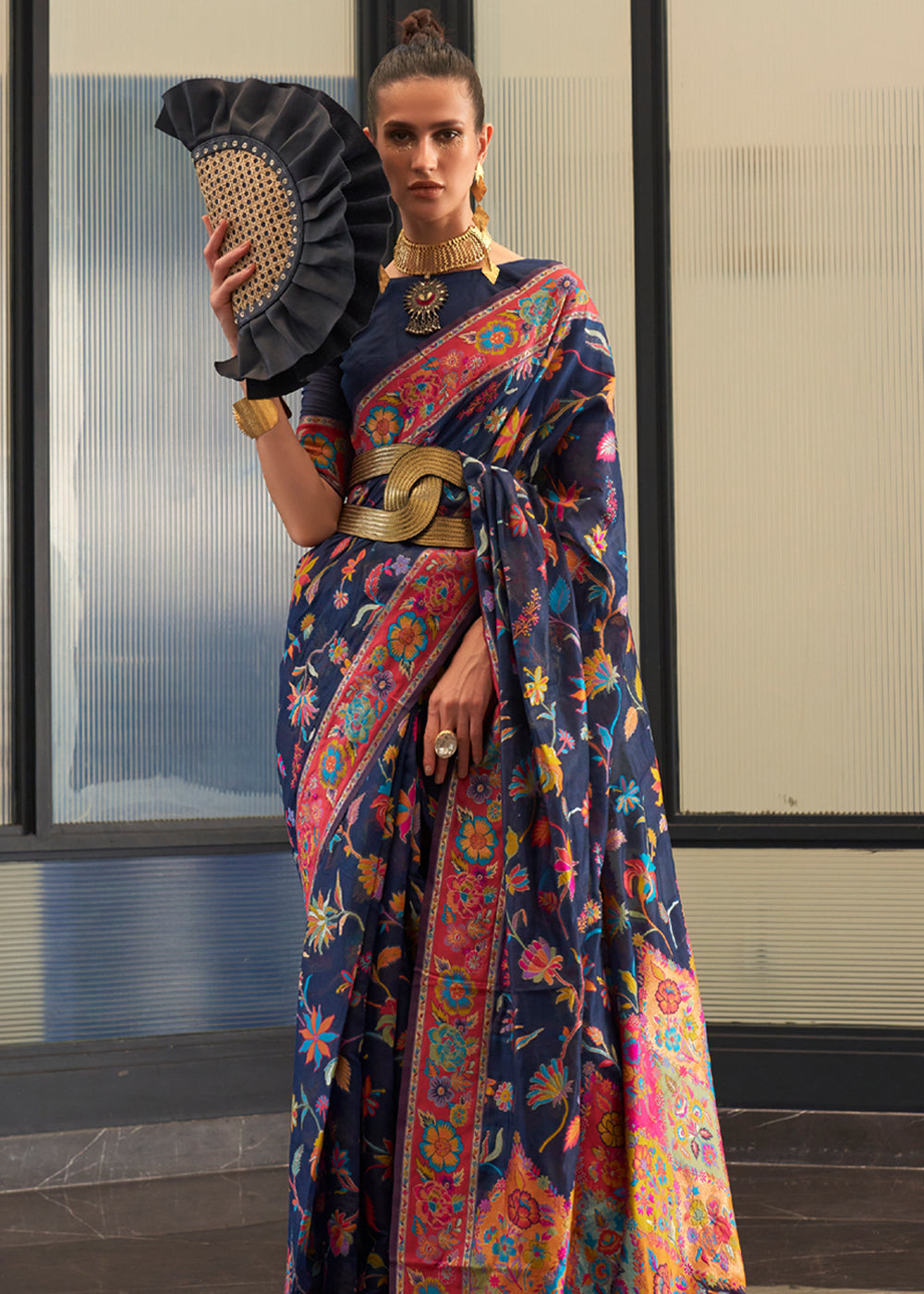Buy MySilkLove Calypso Blue Jamewar Kashmiri Cotton Silk Saree Online