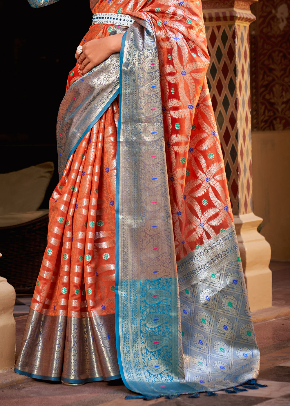 Buy MySilkLove Burnt Sienna Orange Banarasi Tissue Woven Silk Saree Online