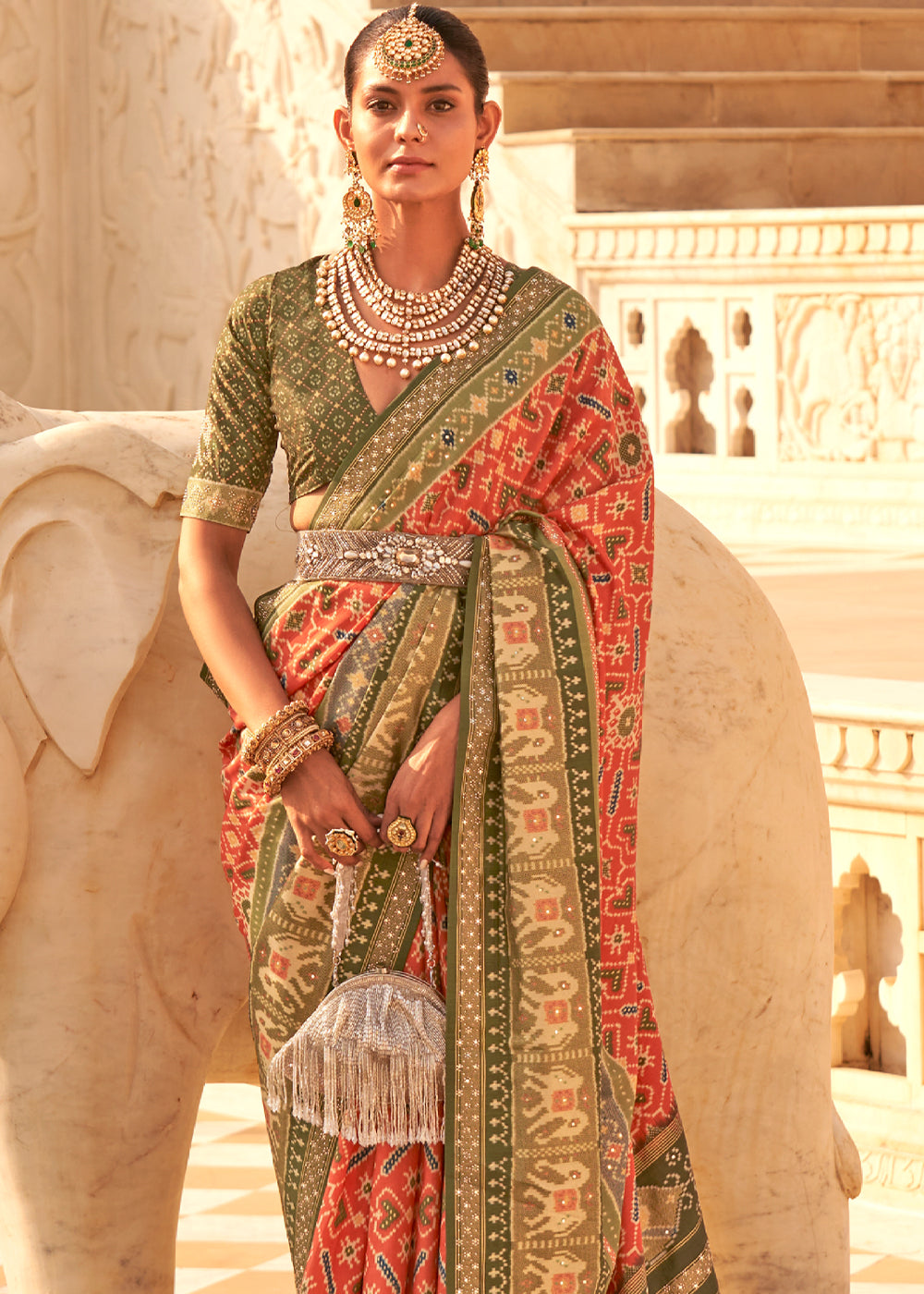 Buy MySilkLove Sandy Orange and Green Handloom Woven Patola Silk Saree Online