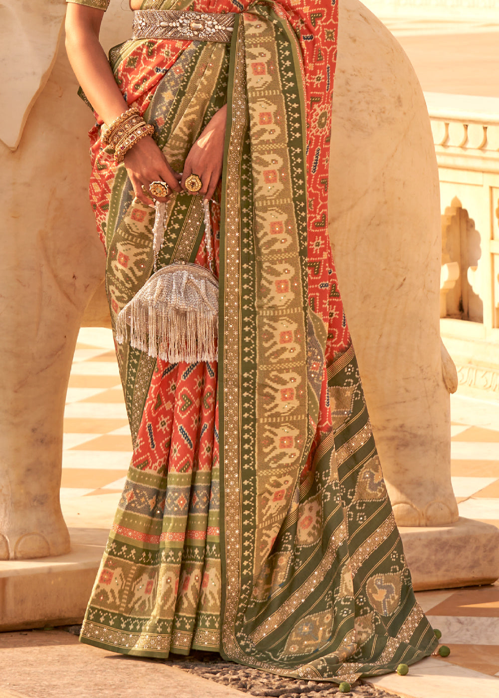 Buy MySilkLove Sandy Orange and Green Handloom Woven Patola Silk Saree Online