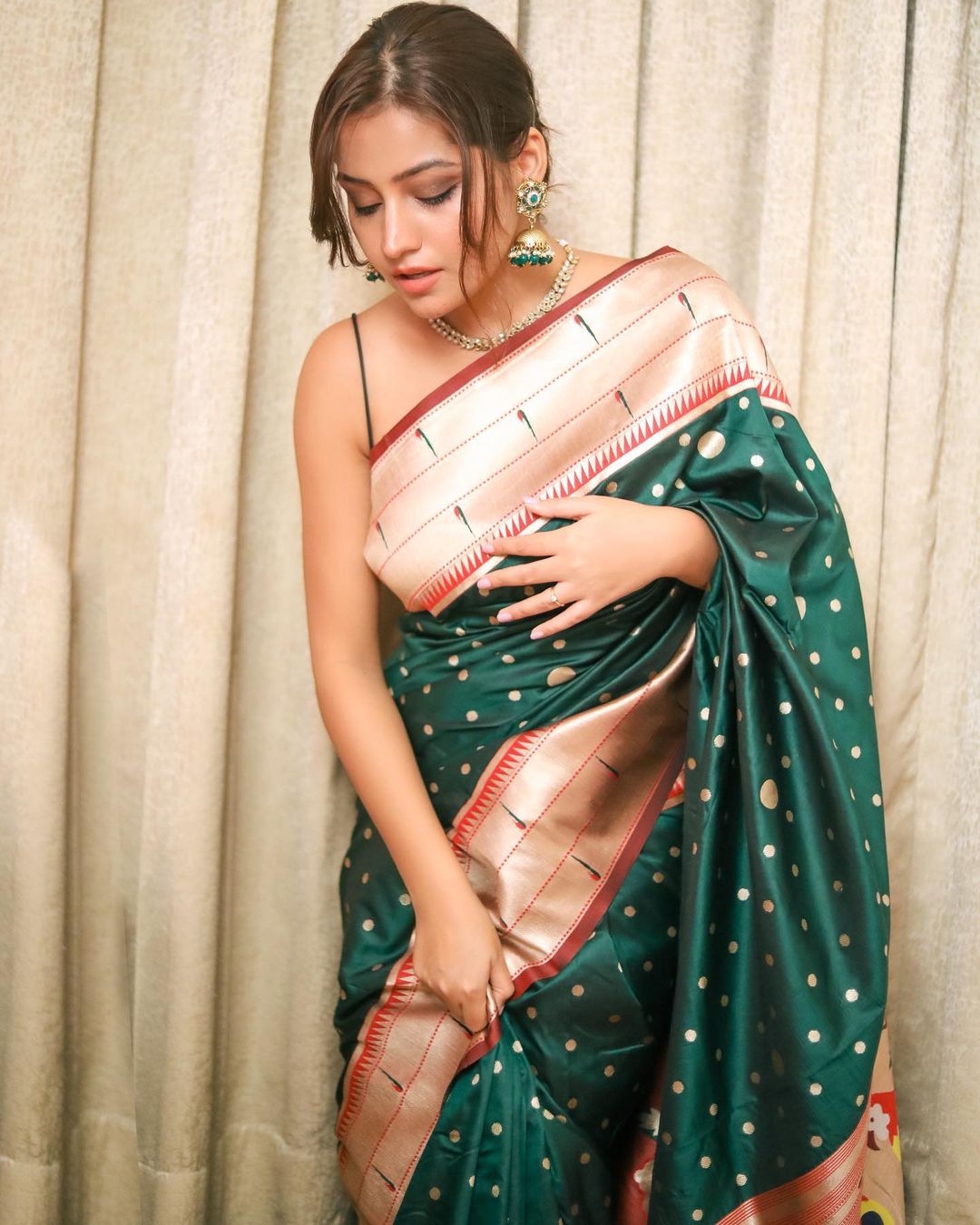 Buy MySilkLove Spring Leaves Green Polka Paithani Woven Silk Saree Online