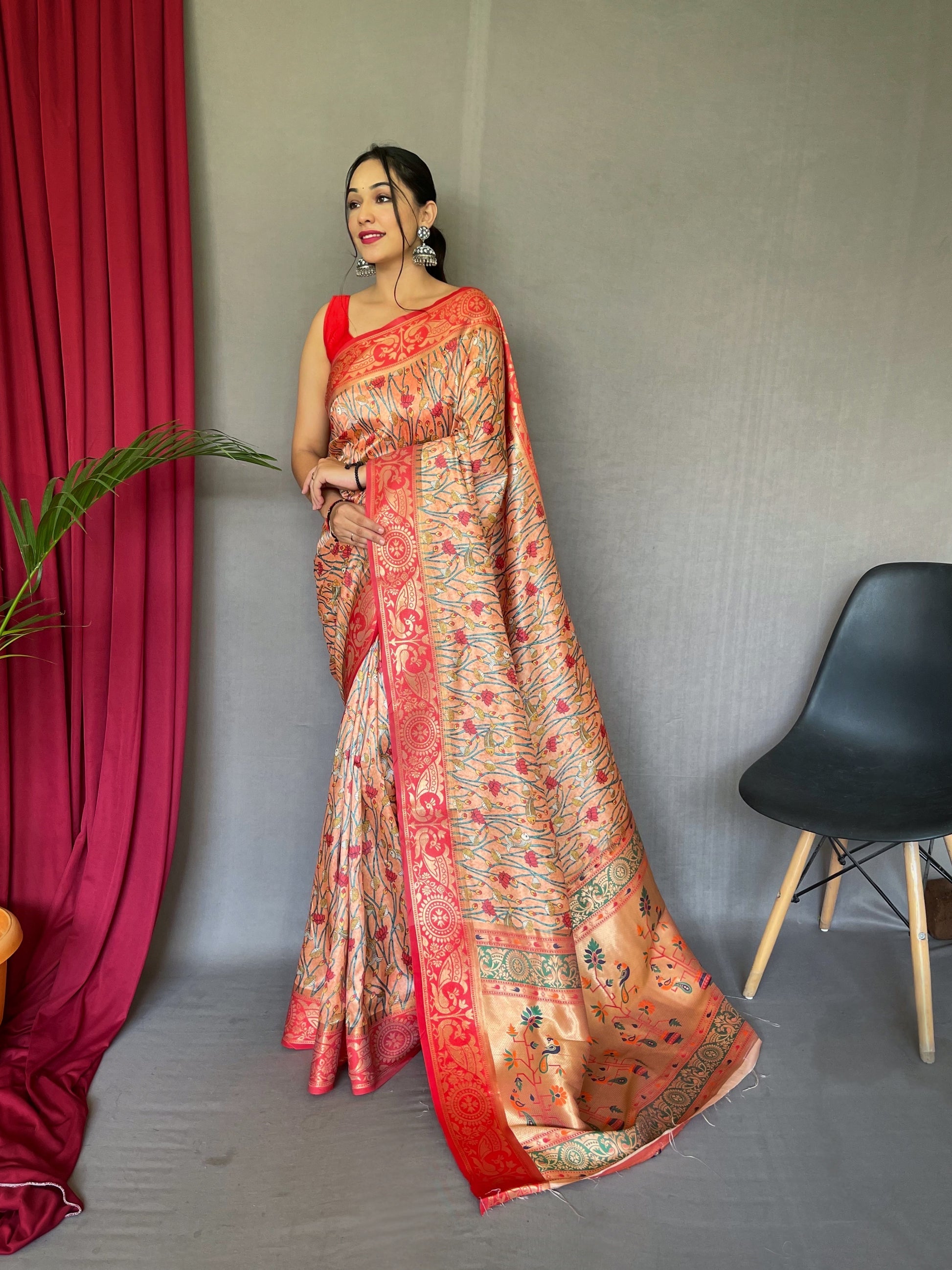 Buy MySilkLove Tumbleweed Orange Kohinoor Kalamkari Gala Paithani Printed Fusion Woven Saree Online