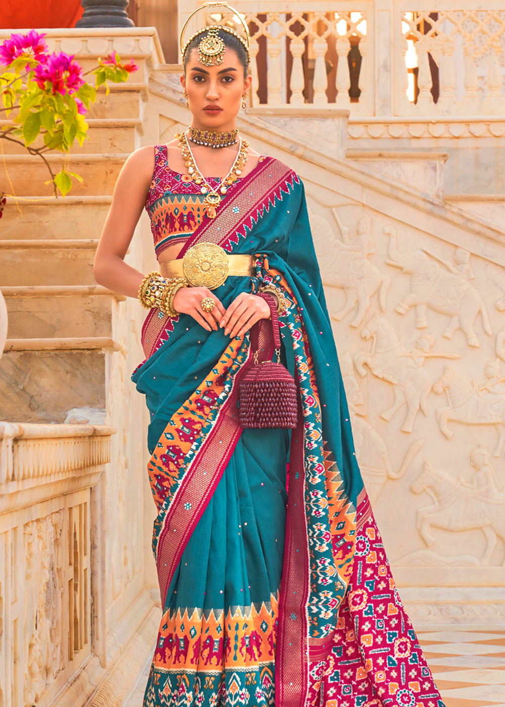 Buy MySilkLove Blue Chill and Pink Woven Patola Silk Saree Online