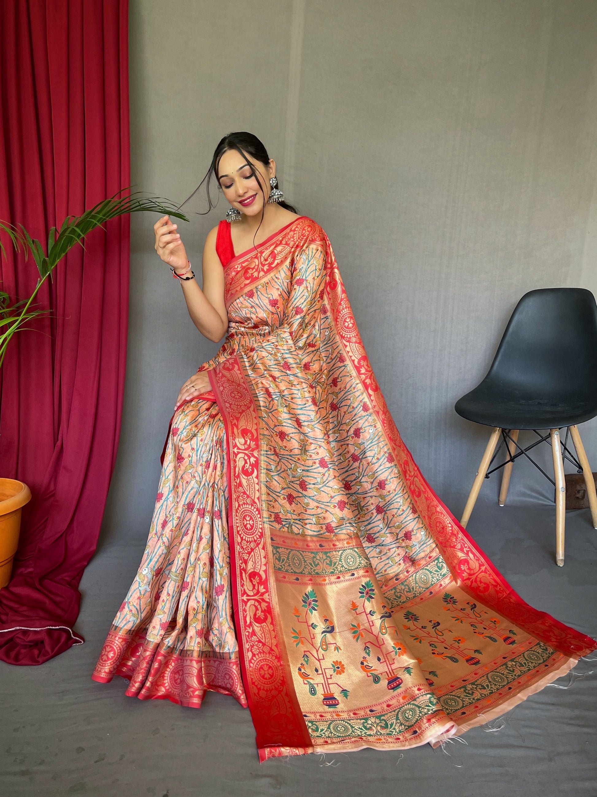 Buy MySilkLove Tumbleweed Orange Kohinoor Kalamkari Gala Paithani Printed Fusion Woven Saree Online