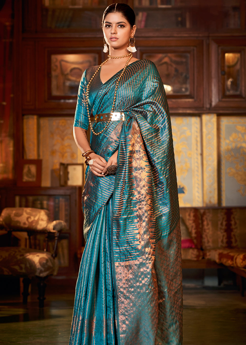 Buy MySilkLove Juniper Blue Zari Woven Kanjivaram Silk Saree Online