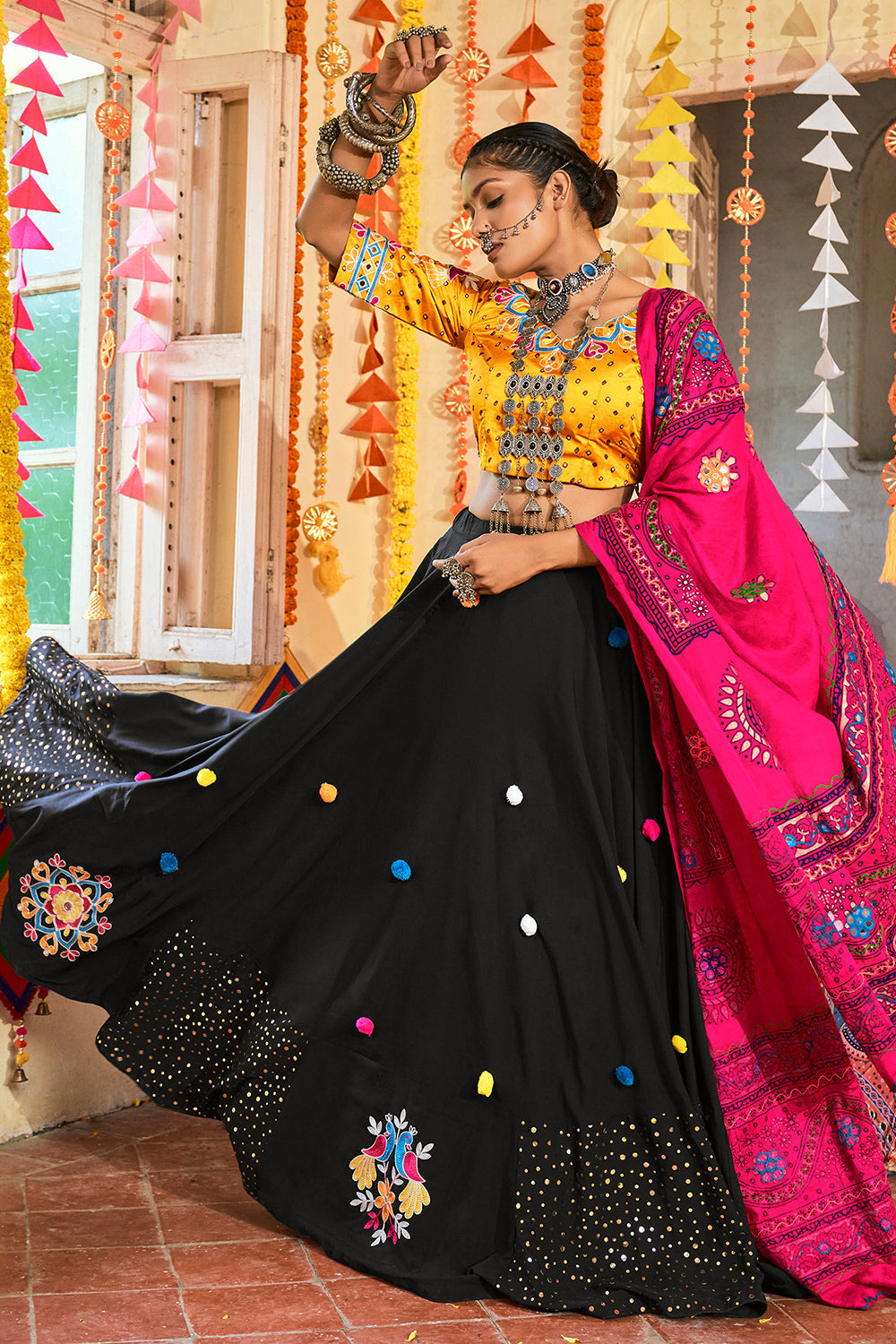 Buy MySilkLove Tuana Black and Yellow Lehenga Choli Online