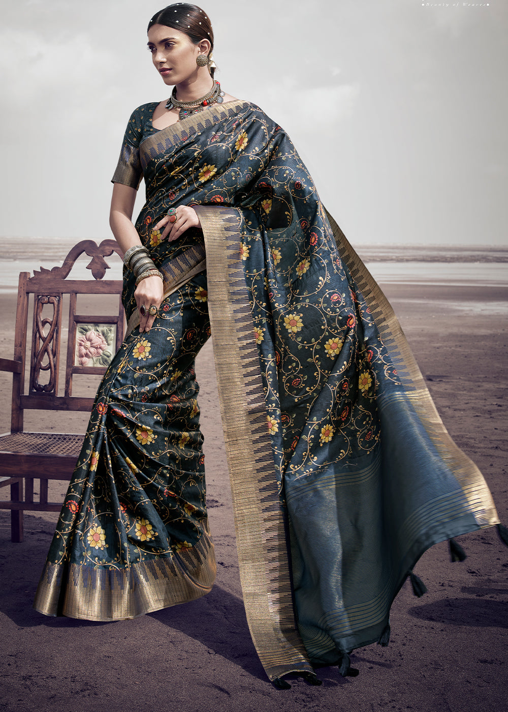 Buy MySilkLove Pale Sky Grey Printed Designer Silk Saree Online