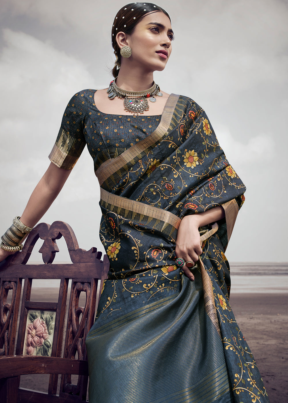 Buy MySilkLove Pale Sky Grey Printed Designer Silk Saree Online