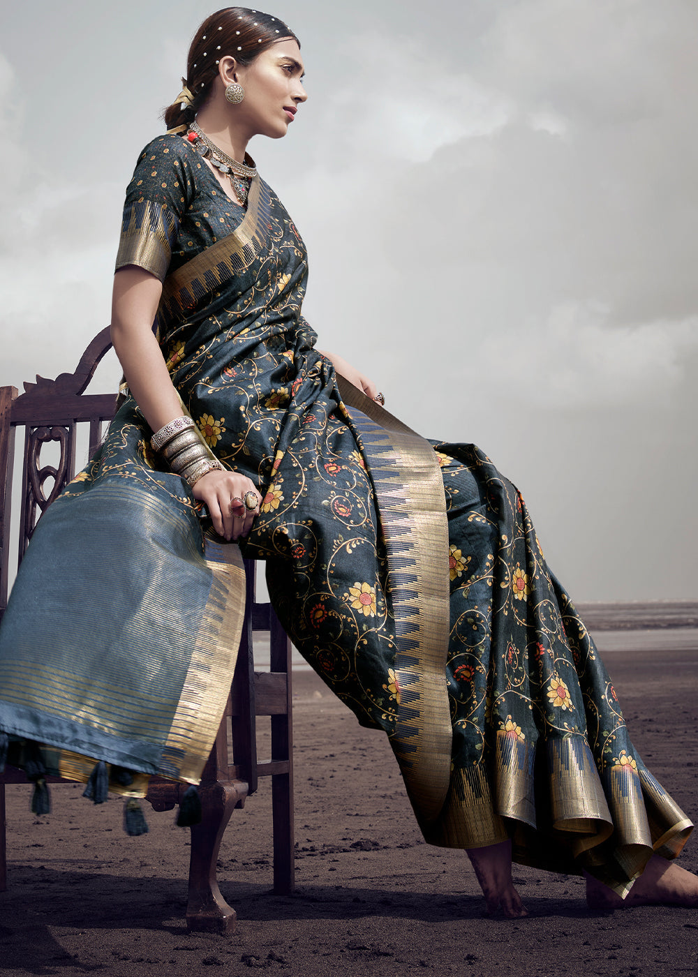 Buy MySilkLove Pale Sky Grey Printed Designer Silk Saree Online
