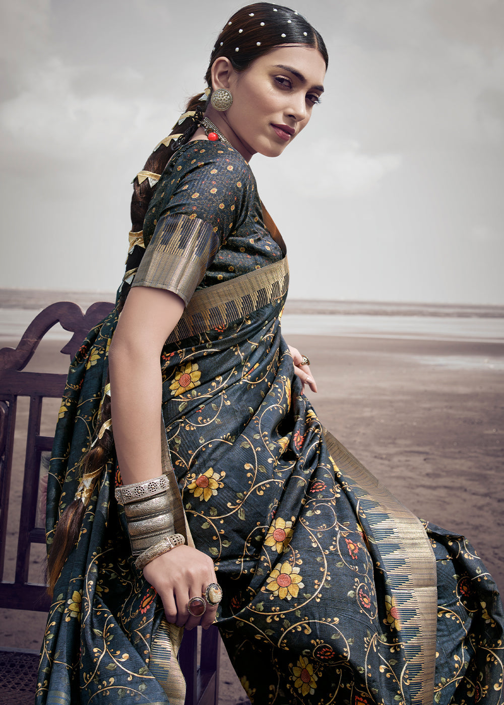 Buy MySilkLove Pale Sky Grey Printed Designer Silk Saree Online
