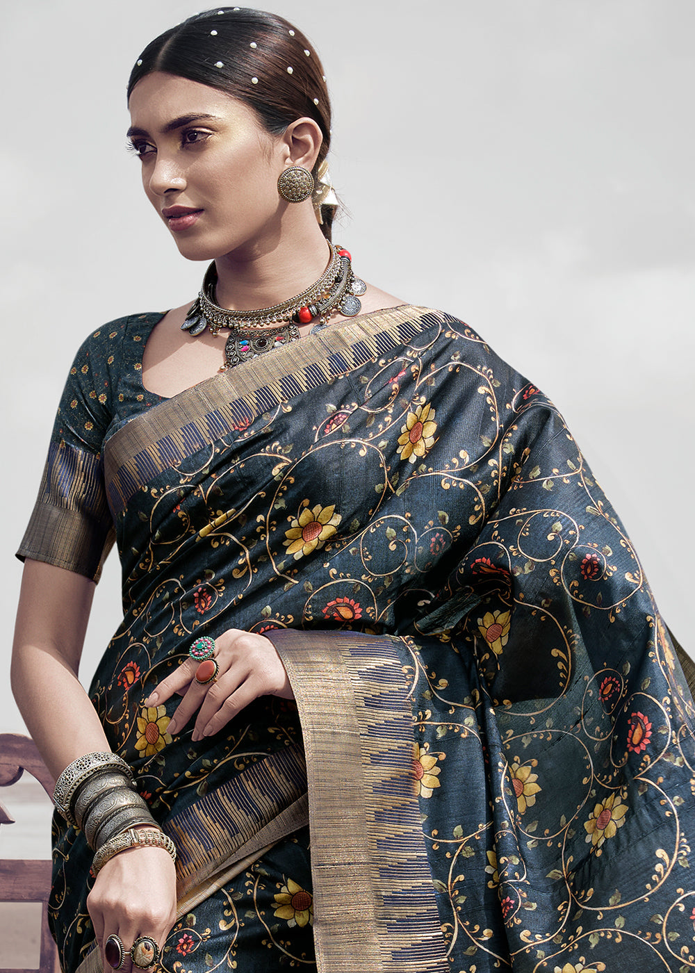 Buy MySilkLove Pale Sky Grey Printed Designer Silk Saree Online
