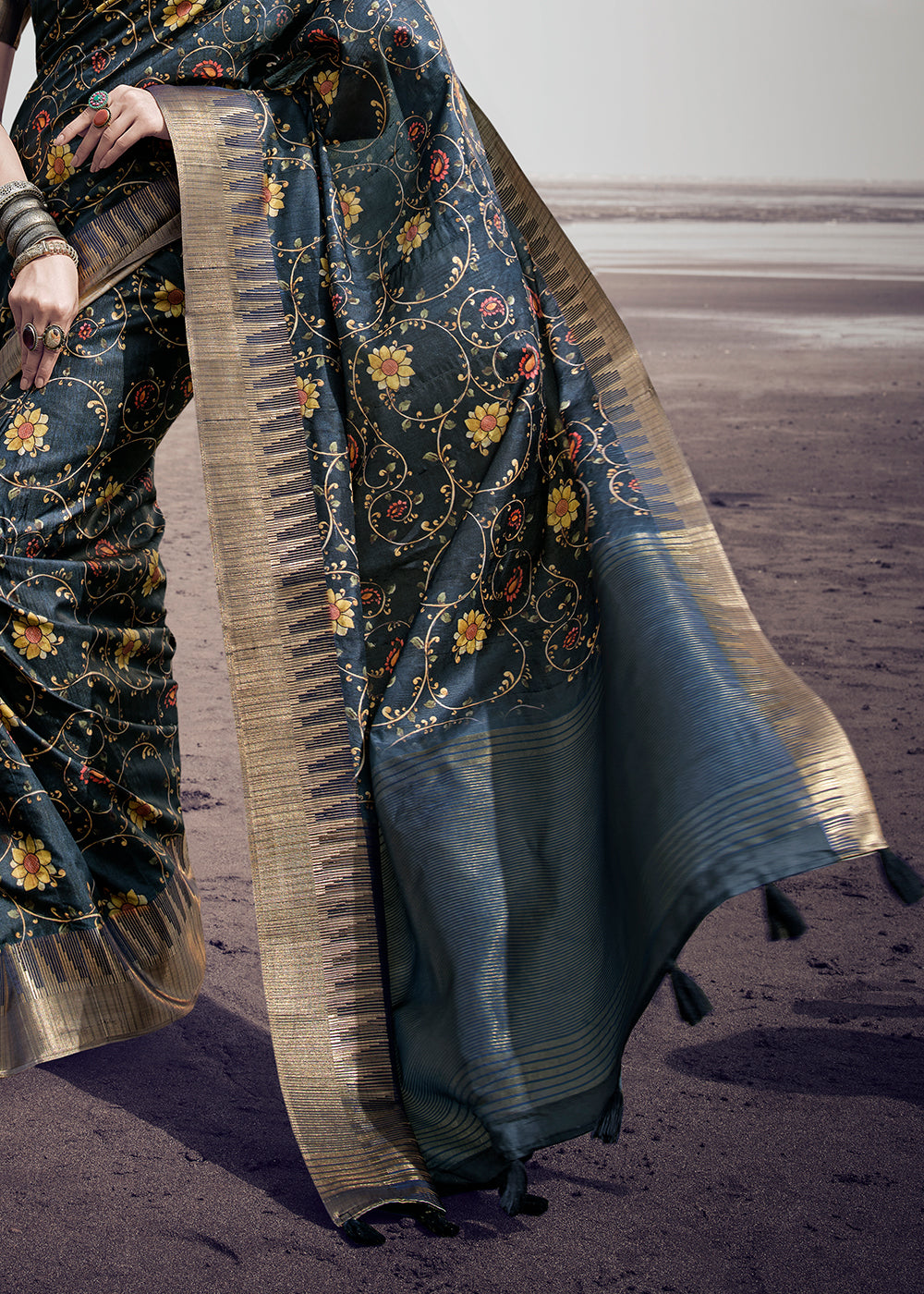 Buy MySilkLove Pale Sky Grey Printed Designer Silk Saree Online