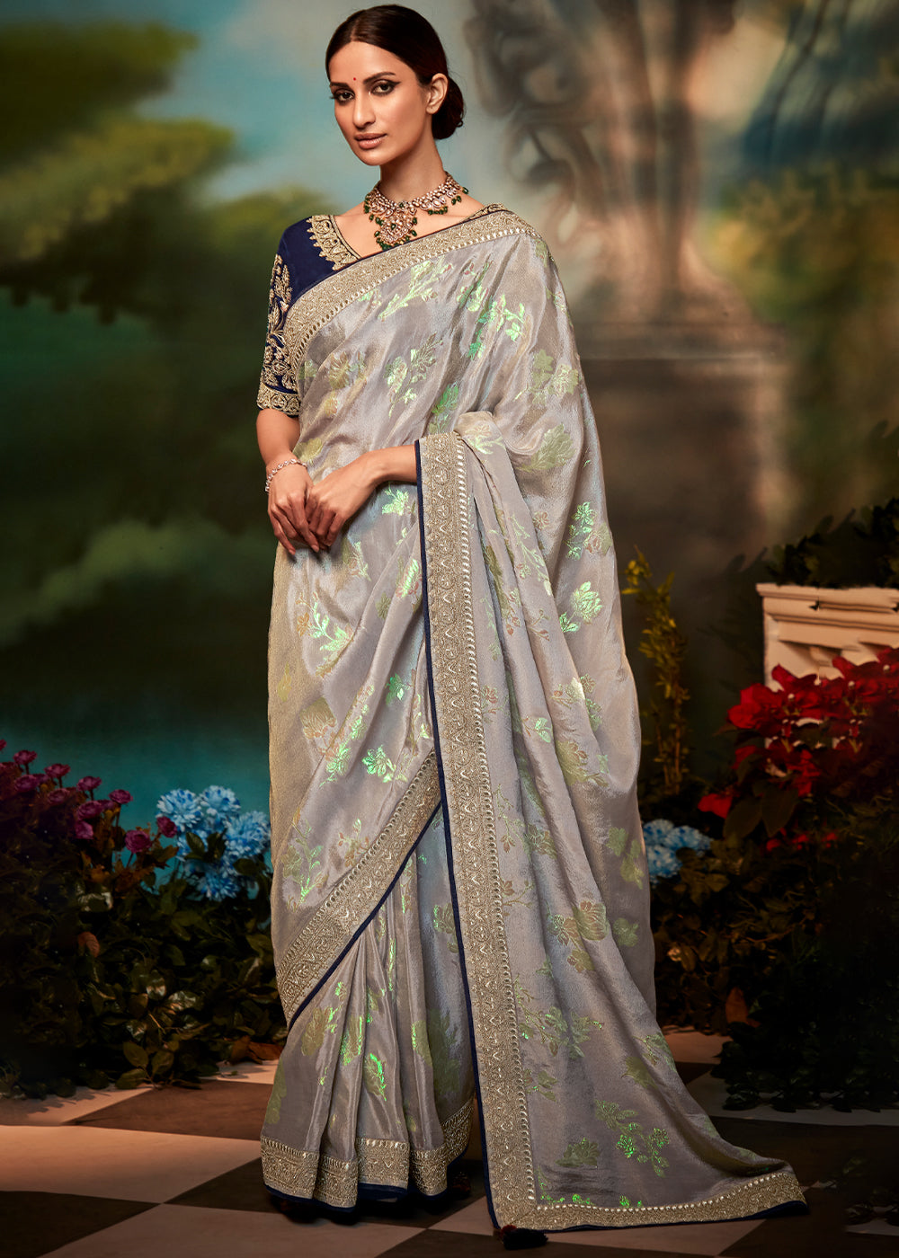 Buy MySilkLove Eagle Grey Woven Banarasi Soft Silk Designer Saree Online