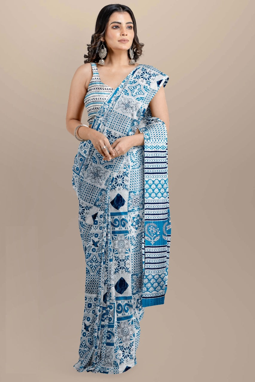 Buy MySilkLove Wedgewood Blue Handblock Printed Cotton Mulmul Saree Online