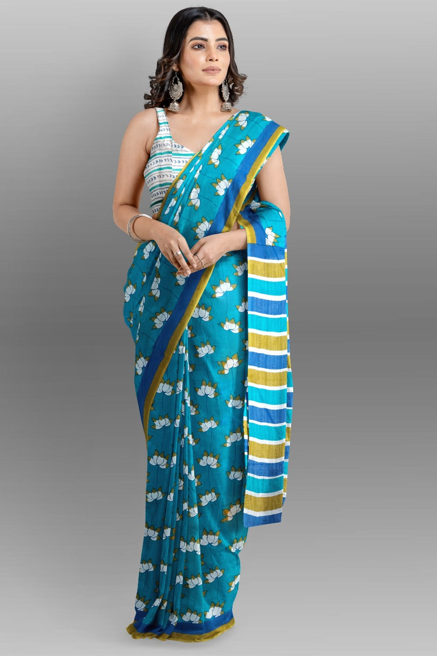 Buy MySilkLove Cerulean Blue Handblock Printed Cotton Mulmul Saree Online