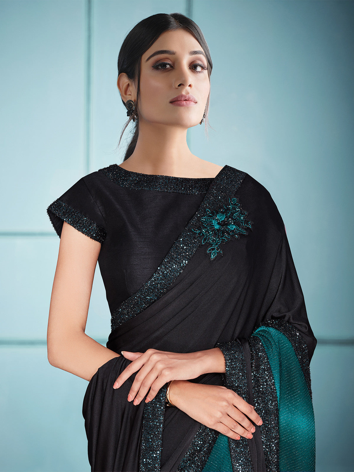 Buy MySilkLove Disco Blue and Black Embroidery Designer Georgette Partywear Saree Online