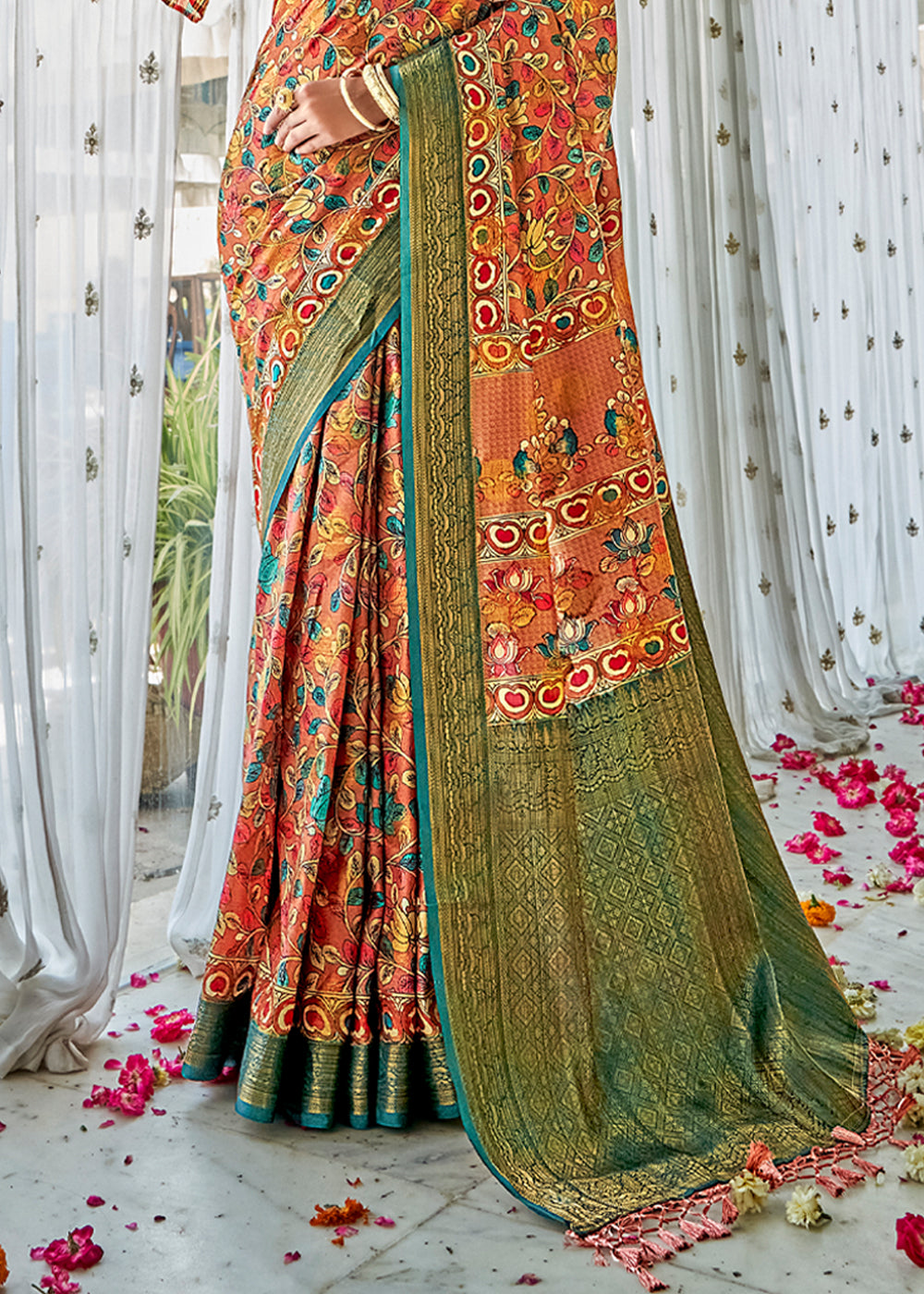 Buy MySilkLove Pesto Green Kalamakari Digital Printed Saree Online
