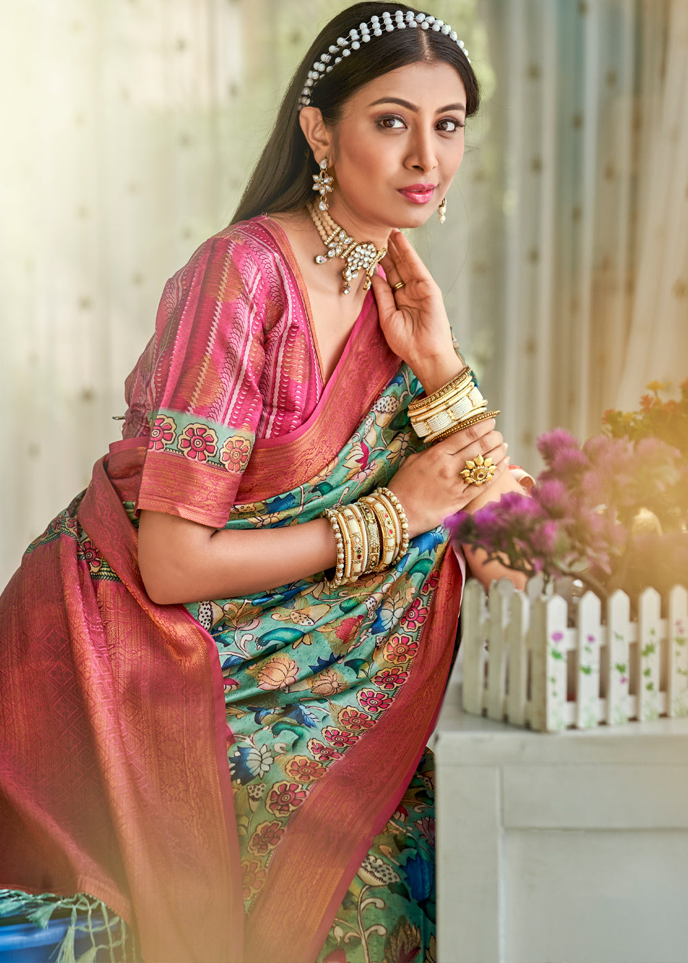 Buy MySilkLove Pastel Green & Red Kalamkari Digital Printed Saree Online