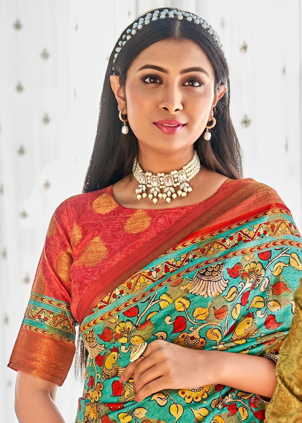 Buy MySilkLove Aqua Green Kalamkari Digital Printed Saree Online