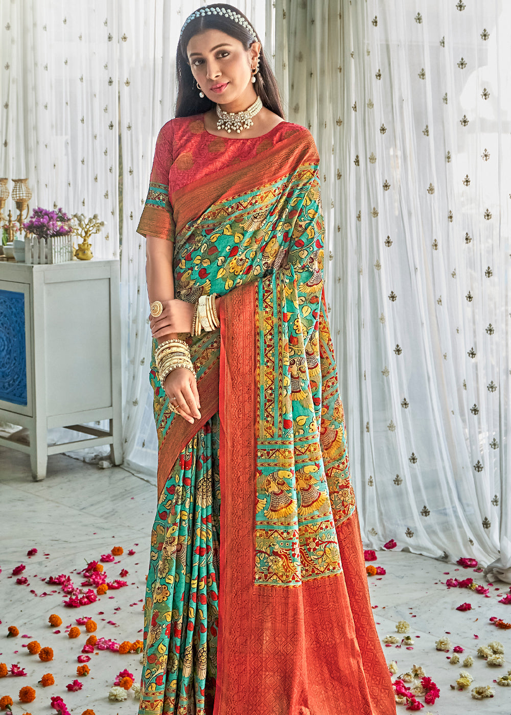 Buy MySilkLove Aqua Green Kalamkari Digital Printed Saree Online