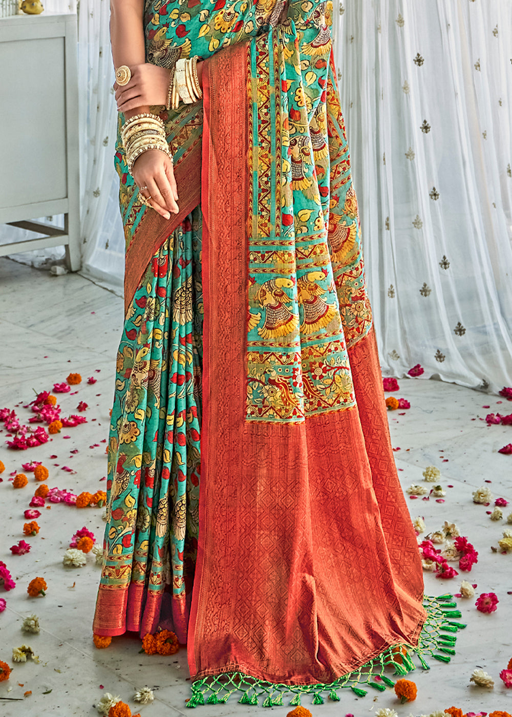 Buy MySilkLove Aqua Green Kalamkari Digital Printed Saree Online