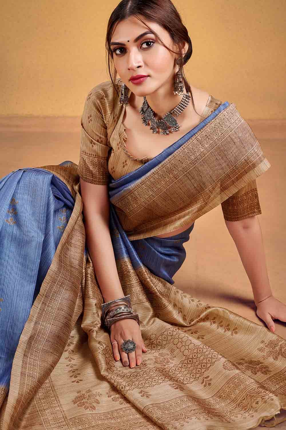 Buy MySilkLove Denim Blue Cotton Silk Saree Online