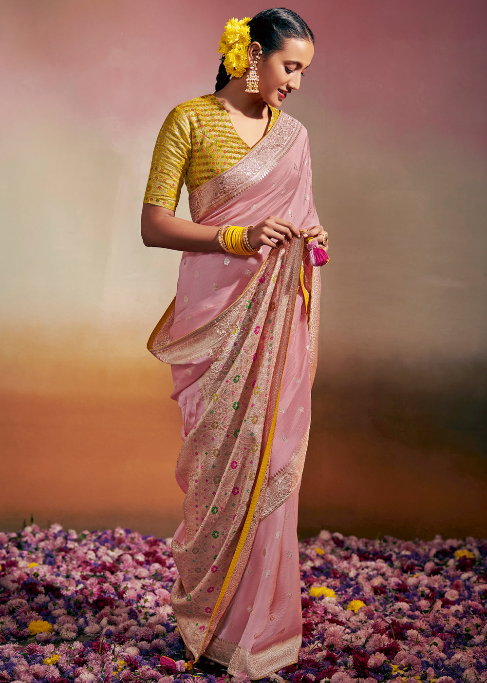Buy MySilkLove Azalea Pink and Yellow Woven Banarasi Soft Silk Saree Online