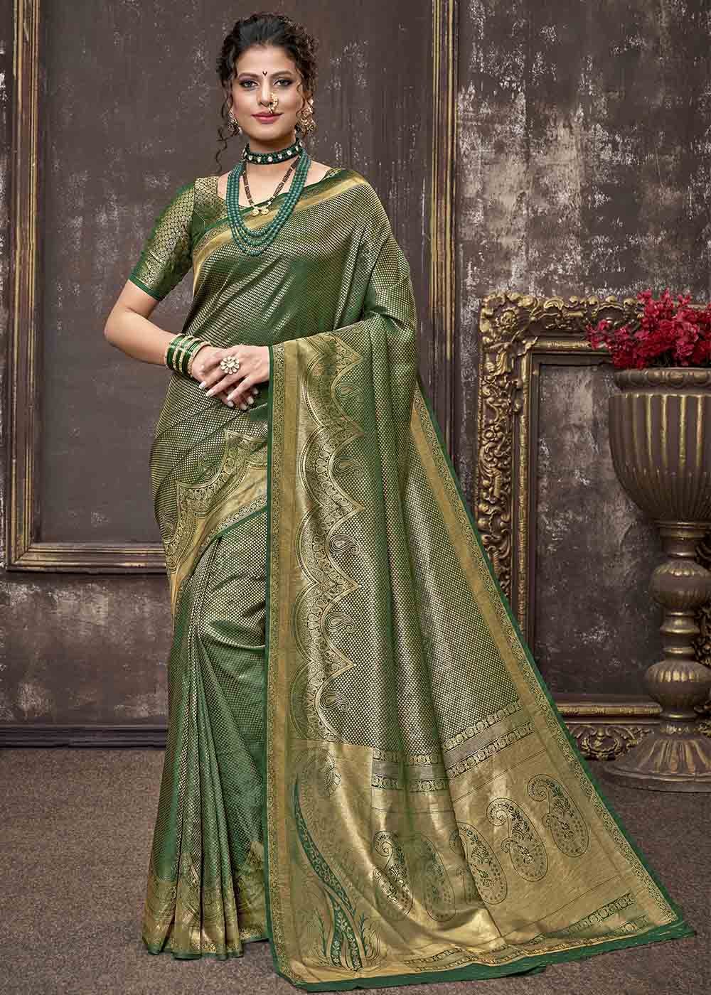 Buy MySilkLove Siam Green Zari Woven Tissue Kanjivaram Saree Online