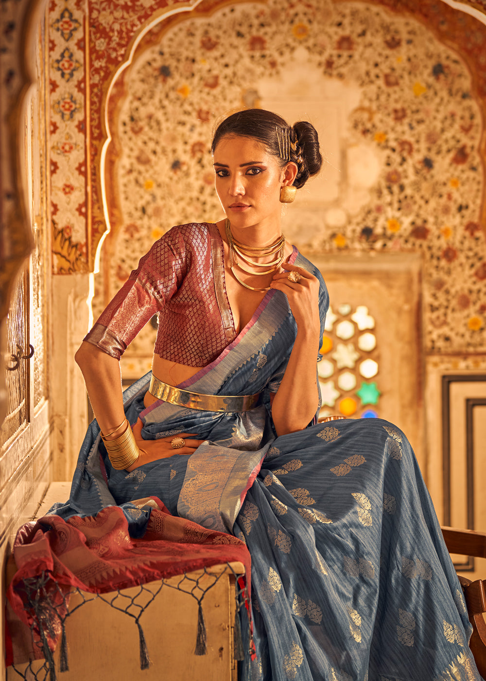 Buy MySilkLove Willow Grey Banarasi Tussar Woven Silk Saree Online