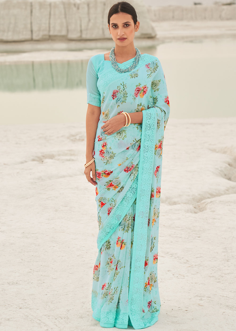 Buy MySilkLove Aqua Island Blue Digital Printed Chiffon Saree Online