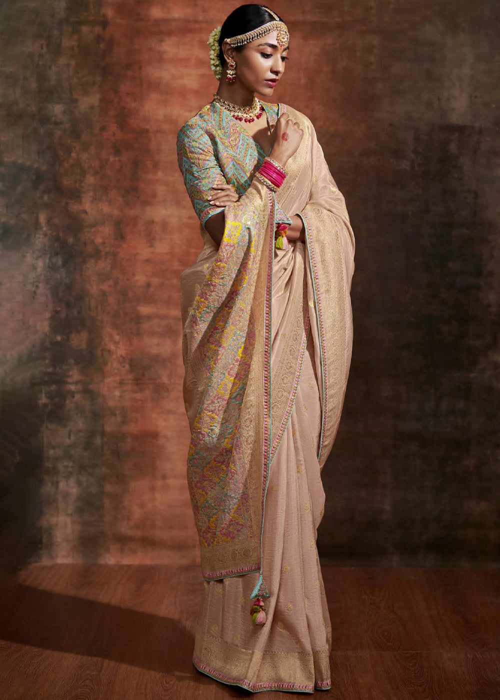 Buy MySilkLove Cameo Peach Woven Banarasi Soft Silk Saree Online