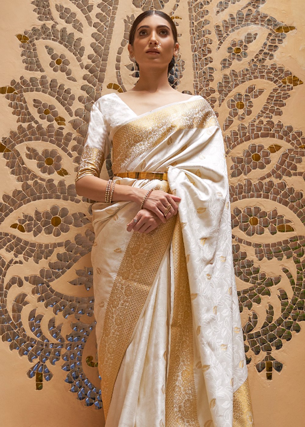 Buy MySilkLove Swiss Coffee White Zari Woven Kanjivaram Saree Online