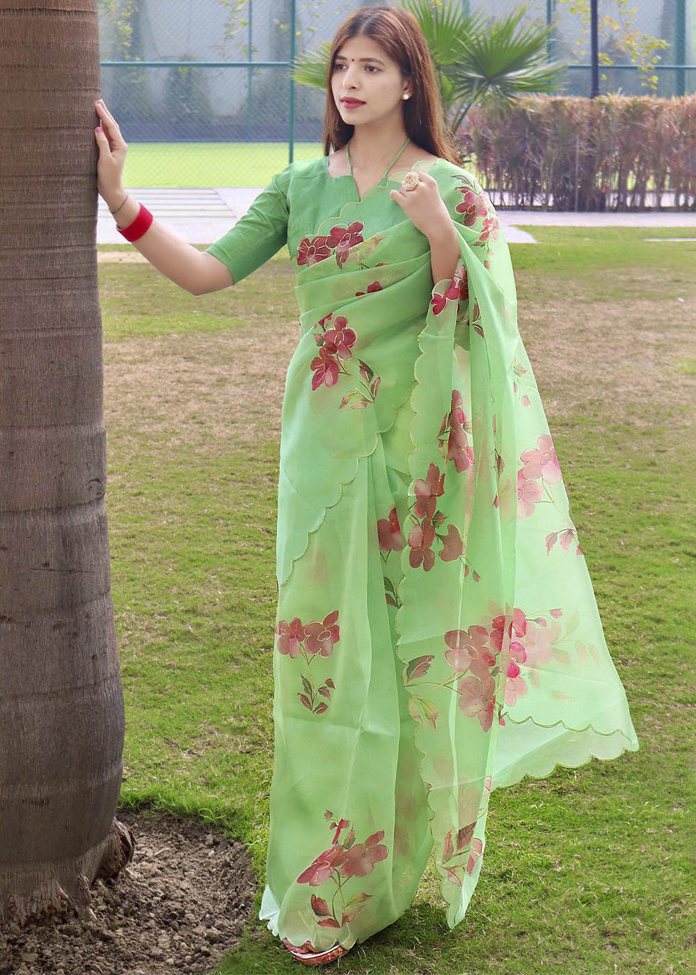 Buy MySilkLove Smith Apple Green Digital Floral Print Organza Saree Online