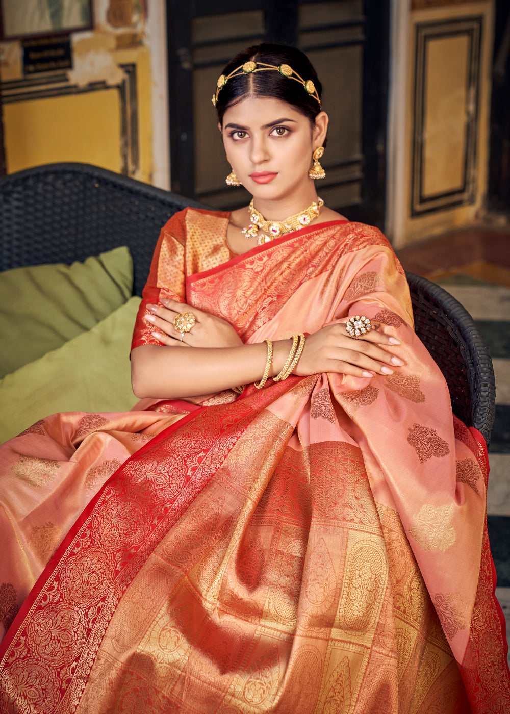 Buy MySilkLove Copperfield Peach Woven Banarasi Barcode Silk Saree Online