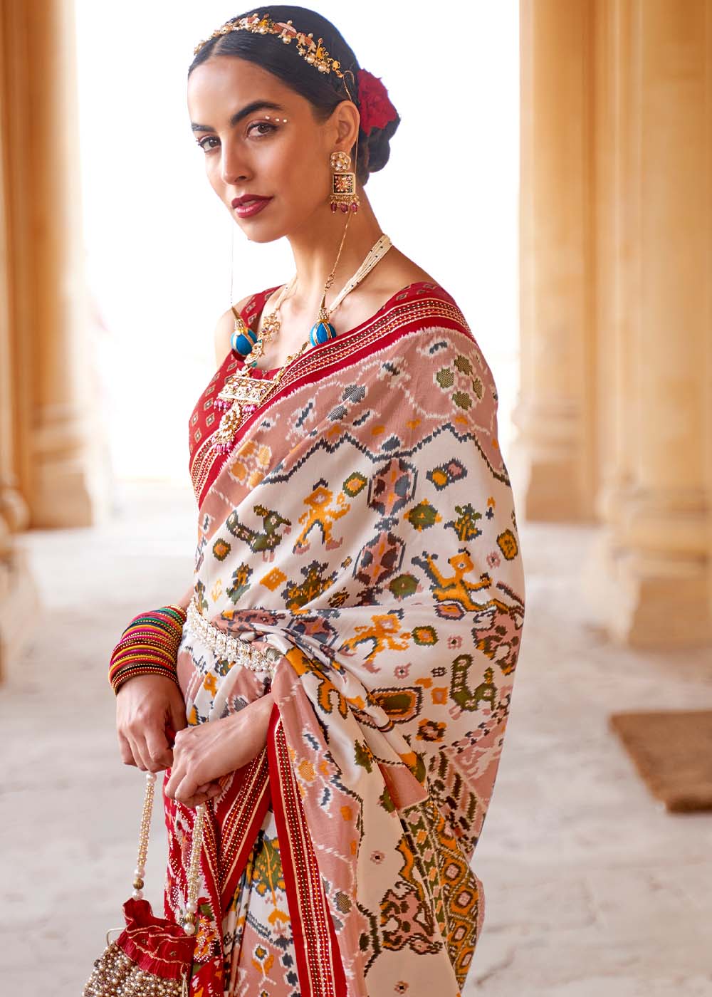 Buy MySilkLove Sisal White and Red Printed Patola Saree Online