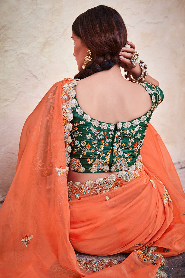 Buy MySilkLove Flamingo Orange and Green Organza Saree Online