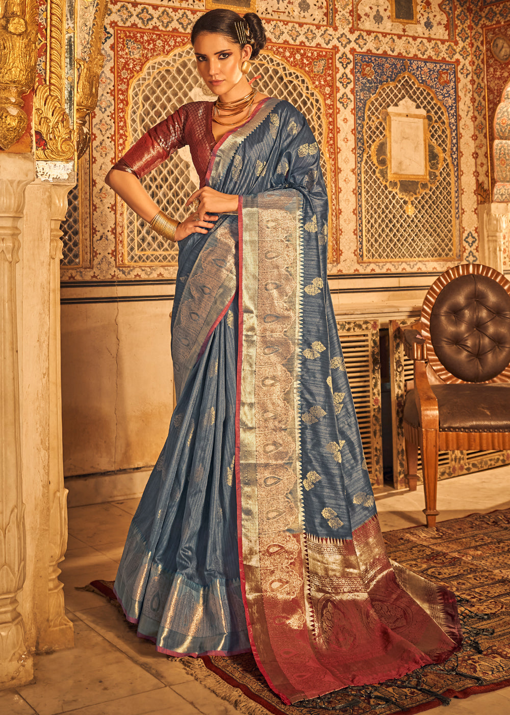 Buy MySilkLove Willow Grey Banarasi Tussar Woven Silk Saree Online