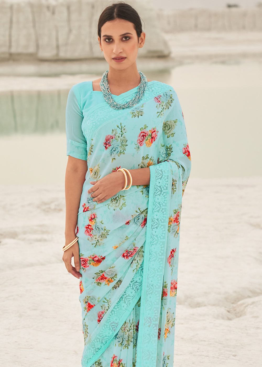 Buy MySilkLove Aqua Island Blue Digital Printed Chiffon Saree Online