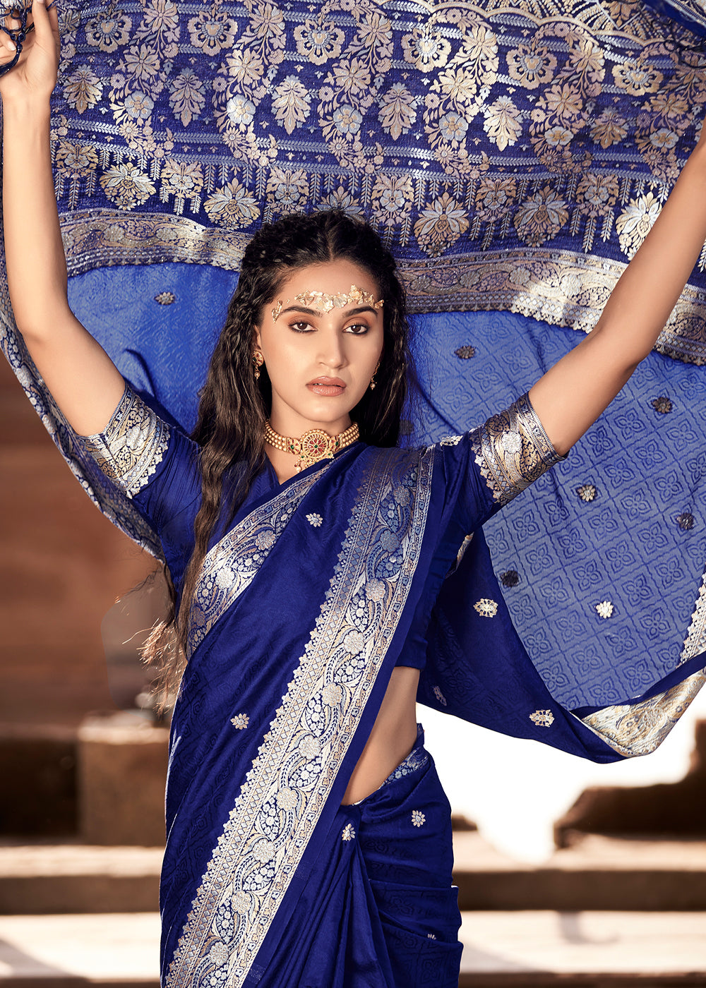 Buy MySilkLove Astronaut Blue Woven Banarasi Satin Silk Saree Online