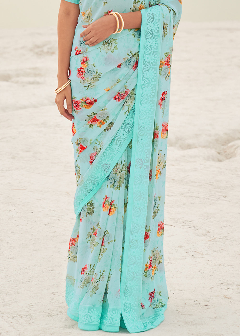 Buy MySilkLove Aqua Island Blue Digital Printed Chiffon Saree Online