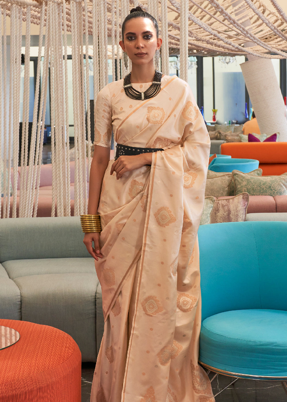 Buy MySilkLove Gold Sand Cream Bronze Zari Woven Satin Silk Saree Online