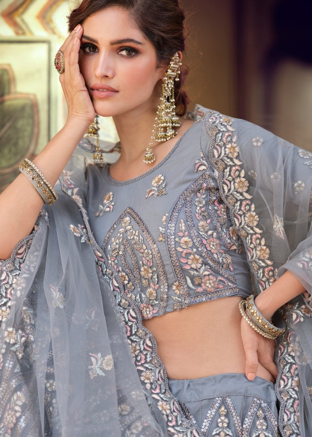 Buy MySilkLove Martini Grey Soft Net Designer Lehenga Choli Online