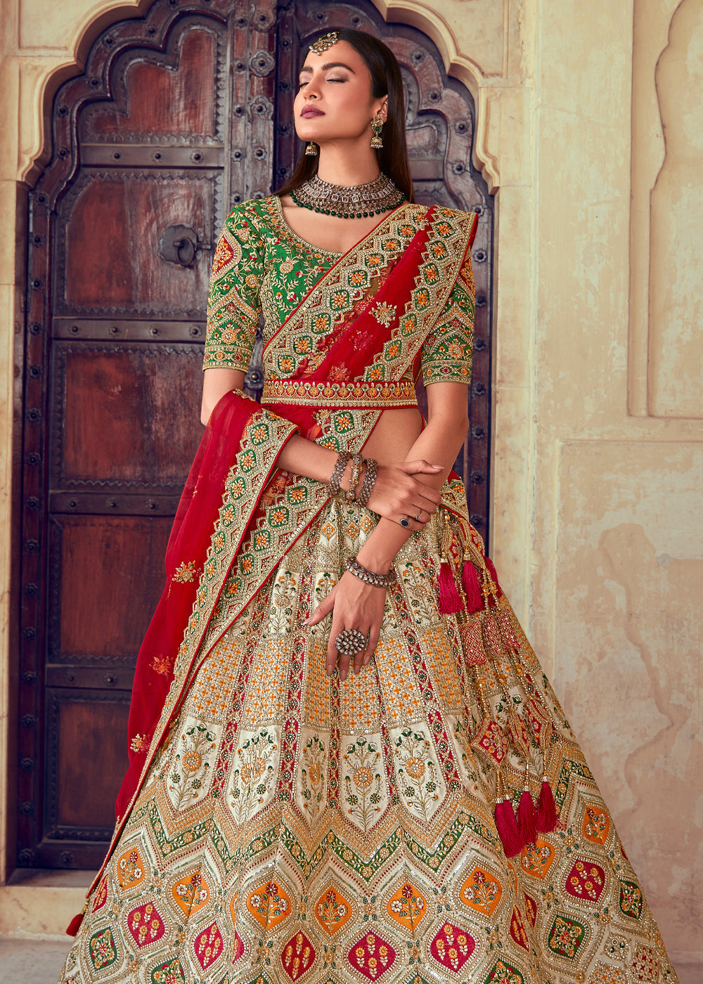 Buy MySilkLove Cognac Red and Green Heavy Embroidered Designer Lehenga Online