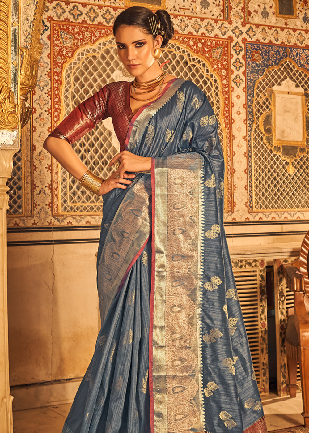 Buy MySilkLove Willow Grey Banarasi Tussar Woven Silk Saree Online