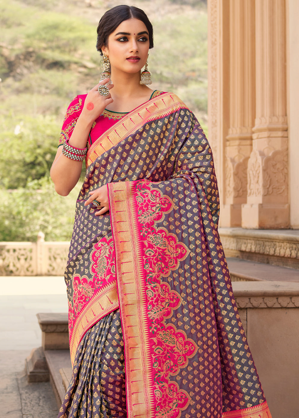 Buy MySilkLove Spicy Purple and Pink Zari Woven Banarasi Saree with Designer Blouse Online